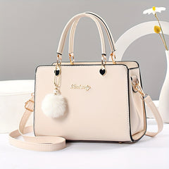 Solid Color Faux Leather Shoulder Bag - Detachable Strap, Zip Closure, Multi-Layer Crossbody Design, Polyester Lining, Fade-Resistant, Pom-Pom Pendant - The Perfect Holiday Gift for Valentine'S Day, Mother'S Day
