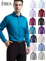 Men'S Stretch Slim-Fit Formal Shirt Without Pockets, Light Business Turn- Collar Long-Sleeved Shirt, Men'S Business Shirt, Wrinkle-Resistant And Durable Solid Color Formal Long-Sleeved Shirt with Buttons And Pockets, Suitable