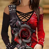 Women's Floral Print Color Block T-Shirt, Casual V-Neck Long Sleeve T-Shirt