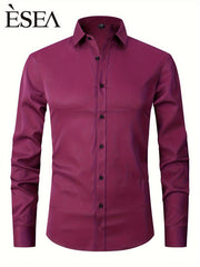 Men'S Stretch Slim-Fit Formal Shirt Without Pockets, Light Business Turn- Collar Long-Sleeved Shirt, Men'S Business Shirt, Wrinkle-Resistant And Durable Solid Color Formal Long-Sleeved Shirt with Buttons And Pockets, Suitable