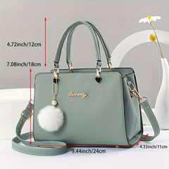 Solid Color Faux Leather Shoulder Bag - Detachable Strap, Zip Closure, Multi-Layer Crossbody Design, Polyester Lining, Fade-Resistant, Pom-Pom Pendant - The Perfect Holiday Gift for Valentine'S Day, Mother'S Day
