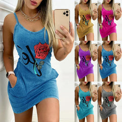 Rose Pattern Women's Dress Robe De Soirée De Mariage Vest Printed Sleeveless Dress