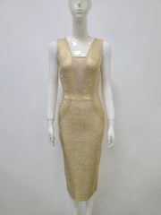 High-End Foreign Trade Women's Clothing Lamination Hot Gold and Silver Elastic Tight Bandage One-Piece Dress Birthday Party Evening Dress Mid Length Long Length