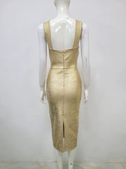 High-End Foreign Trade Women's Clothing Lamination Hot Gold and Silver Elastic Tight Bandage One-Piece Dress Birthday Party Evening Dress Mid Length Long Length