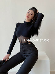 Small Turtleneck Patchwork T-shirt Sexy Long-Sleeved Top Mesh