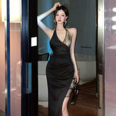 French Style Sexy Socialite Deep V-neck Low Cut Stylish Backless Lace Patchwork Slit Slim-Fitting Hip Bag Halterneck Dress