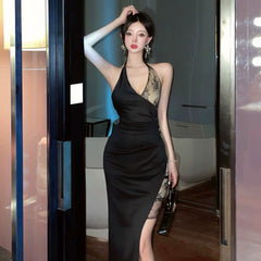 French Style Sexy Socialite Deep V-neck Low Cut Stylish Backless Lace Patchwork Slit Slim-Fitting Hip Bag Halterneck Dress