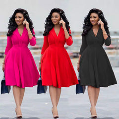 European and American Sexy Fashion Deep V Neck Solid Color Casual Dress Sexy V-neck Party Dresses Women