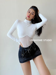 Small Turtleneck Patchwork T-shirt Sexy Long-Sleeved Top Mesh