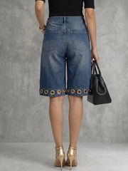 Bonboho Women's Eyelet Trim Denim Shorts Mid Blue High Waisted Wide Leg Bermuda Style