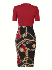 Commuter wrap-around dress, Women's Colorblock Chain Print Short Sleeve