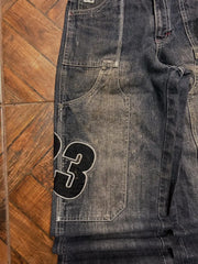 Letters Embroidered Big Pockets Washed Baggy Jeans Women High Street Vintage