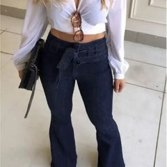 Women Jeans Denim Flare Pants Solid Color High Waist Zipper Fly Flat Pockets