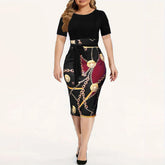 Commuter wrap-around dress, Women's Colorblock Chain Print Short Sleeve Round Neck Slight Stretch Slim Fit Mini Dress With Belt