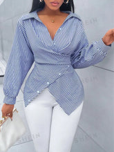 Women's Shirts Striped Printed New Fashion Loose Casual Blouses Irregular Cross Long-sleeved