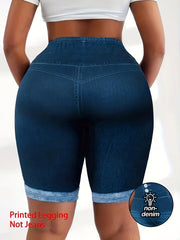 Tummy Control Biker Shorts, Chic 3-Button Faux Denim Cycling Shorts