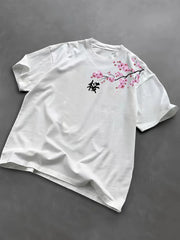 casual loose cherry blossom Japanese element printed sports breathable short sleeved round neck T-shirt