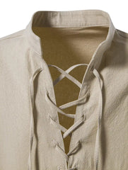 Men's Casual Henley Shirt Stand Collar Long Sleeve with Drawstring Cuffs Casual Henry Collar Shirt