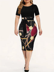 Commuter wrap-around dress, Women's Colorblock Chain Print Short Sleeve