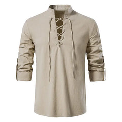Men's Casual Henley Shirt Stand Collar Long Sleeve with Drawstring Cuffs Casual Henry Collar Shirt