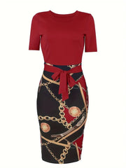 Commuter wrap-around dress, Women's Colorblock Chain Print Short Sleeve