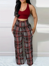 Women's Plaid Wide Leg Pants High Waist Casual Loose Trousers