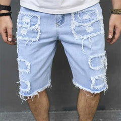 Denim Hole Knee Length Men Washed Jean Mid Waist Spliced Ripped Pockets