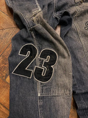 Letters Embroidered Big Pockets Washed Baggy Jeans Women High Street Vintage