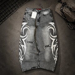 Loose Jeans Women Graffiti Print Baggy Wide Leg Straight Leg Ripped Floor Pants Harajuku Y2k Gothic Unisex Work Denim Pants