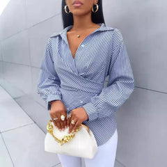 Women's Shirts Striped Printed New Fashion Loose Casual Blouses Irregular Cross Long-sleeved