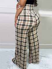 Women's Plaid Wide Leg Pants High Waist Casual Loose Trousers