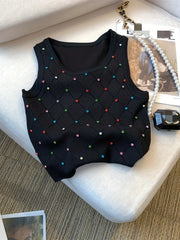Colorful Rhinestone Knitted Tank Top Casual Crew Neck Sleeveless
