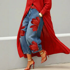 American Street Flower Printed High Waisted Jeans with Loose and Wide Legs