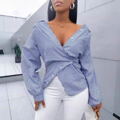 Women's Shirts Striped Printed New Fashion Loose Casual Blouses Irregular Cross Long-sleeved