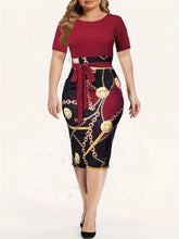 Commuter wrap-around dress, Women's Colorblock Chain Print Short Sleeve