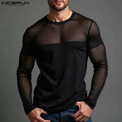 INCERUN New Men Mesh Design T-shirts Party Nightclub Male