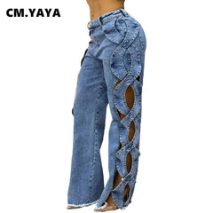 CM.YAYA Women Streetwear Cutout Hollow Out Criss Cross Side Wide Leg Blue Denim Pants