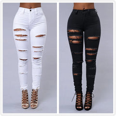 Elastic Trousers Black and White Ripped Jeans Fashion Sexy Skinny Denim Pencil Pants