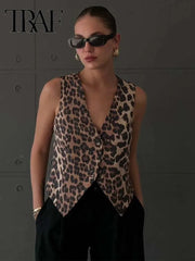 TRAF Women's Vest Fashion Leopard Summer V-Neck Single-breasted Vest Top
