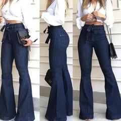 Women Jeans Denim Flare Pants Solid Color High Waist Zipper Fly Flat Pockets