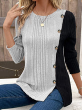 Ribbed Colorblock Button Decor T-Shirt,Casual Long Sleeve Top For Spring & Fall,Women's Clothing