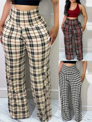 Women's Plaid Wide Leg Pants High Waist Casual Loose Trousers