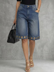 Bonboho Women's Eyelet Trim Denim Shorts Mid Blue High Waisted Wide Leg Bermuda Style