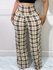 Women's Plaid Wide Leg Pants High Waist Casual Loose Trousers