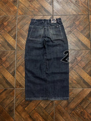 Letters Embroidered Big Pockets Washed Baggy Jeans Women High Street Vintage
