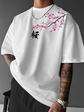 casual loose cherry blossom Japanese element printed sports breathable short sleeved round neck T-shirt