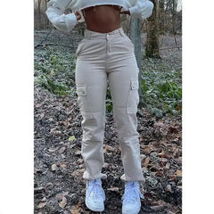 Jeans Women Cargo Pants Denim Washed Slim Pockets Solid Button High Waist Ankle Length Trousers Casual 2024 Pencil Denims