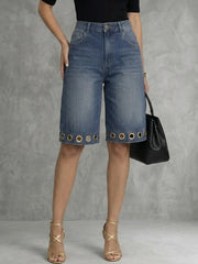 Bonboho Women's Eyelet Trim Denim Shorts Mid Blue High Waisted Wide Leg Bermuda Style
