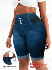 Tummy Control Biker Shorts, Chic 3-Button Faux Denim Cycling Shorts