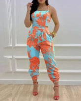 Elegant Women's jumpsuit Fashion Strap Hollow Sexy Off waist Printed